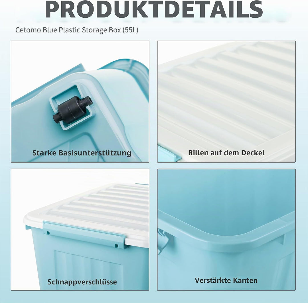 Cetomo,55L,3er-Pack, Aufbewahrungsbox mit deckel,Aufbewahrungsboxen, mit Clips, stapelbar, Wohnzimme