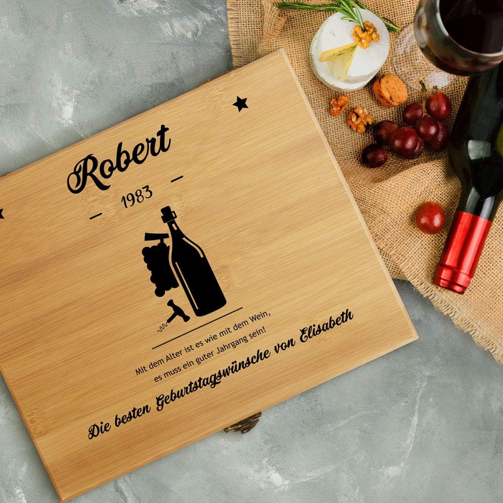 Maverton Weinöffner-Set personalisiert Weinset Sommelier Set - Geschenkbox Holzbox + 8er Weinzubehör