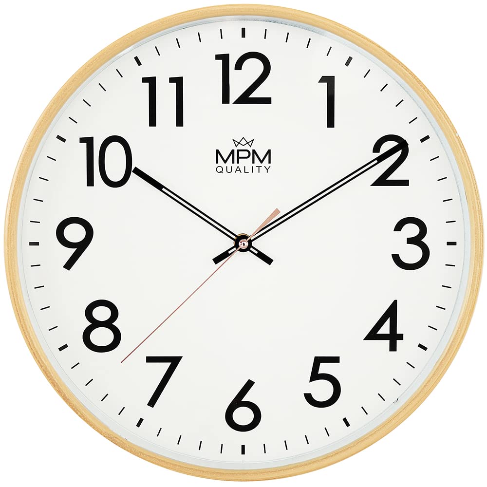 MPM Design Kunstoff Wanduhr, grosse arabische Ziffern, Hellbraun, Quarz-Uhrwerk, ∅ 350 mm, modern, A