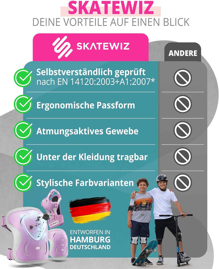 SKATEWIZ Skate Protektoren Set - Für Kinder, Jugendliche und Erwachsene von Deutschem Hersteller [6e