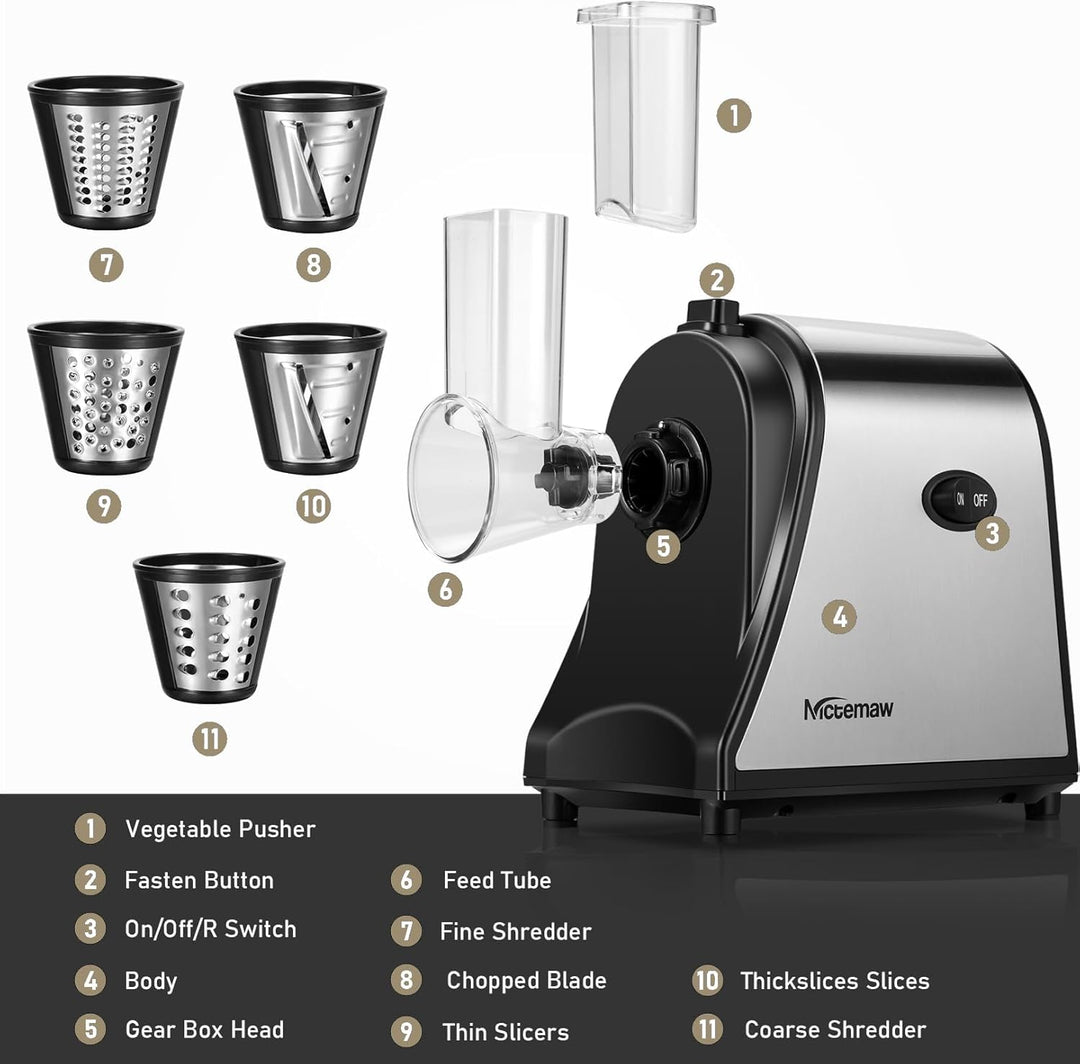 COOCHEER Gemüsehobel Elektrisch Edelstahl, 250W Multi Gemüseschneider Gemüsereibe Küchenreibe Gemüse