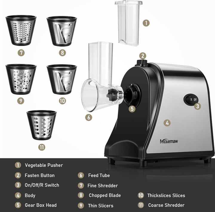 COOCHEER Gemüsehobel Elektrisch Edelstahl, 250W Multi Gemüseschneider Gemüsereibe Küchenreibe Gemüse