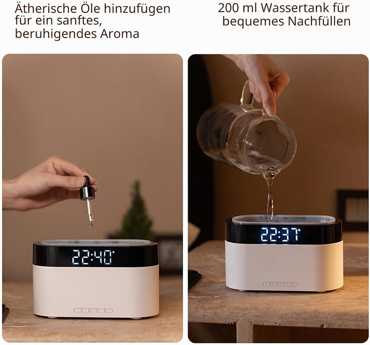 Flammen Aroma Diffuser mit Lichtwecker,Diffuser Ätherische Öle mit Fernbedienung,Wecker mit Licht,Lu