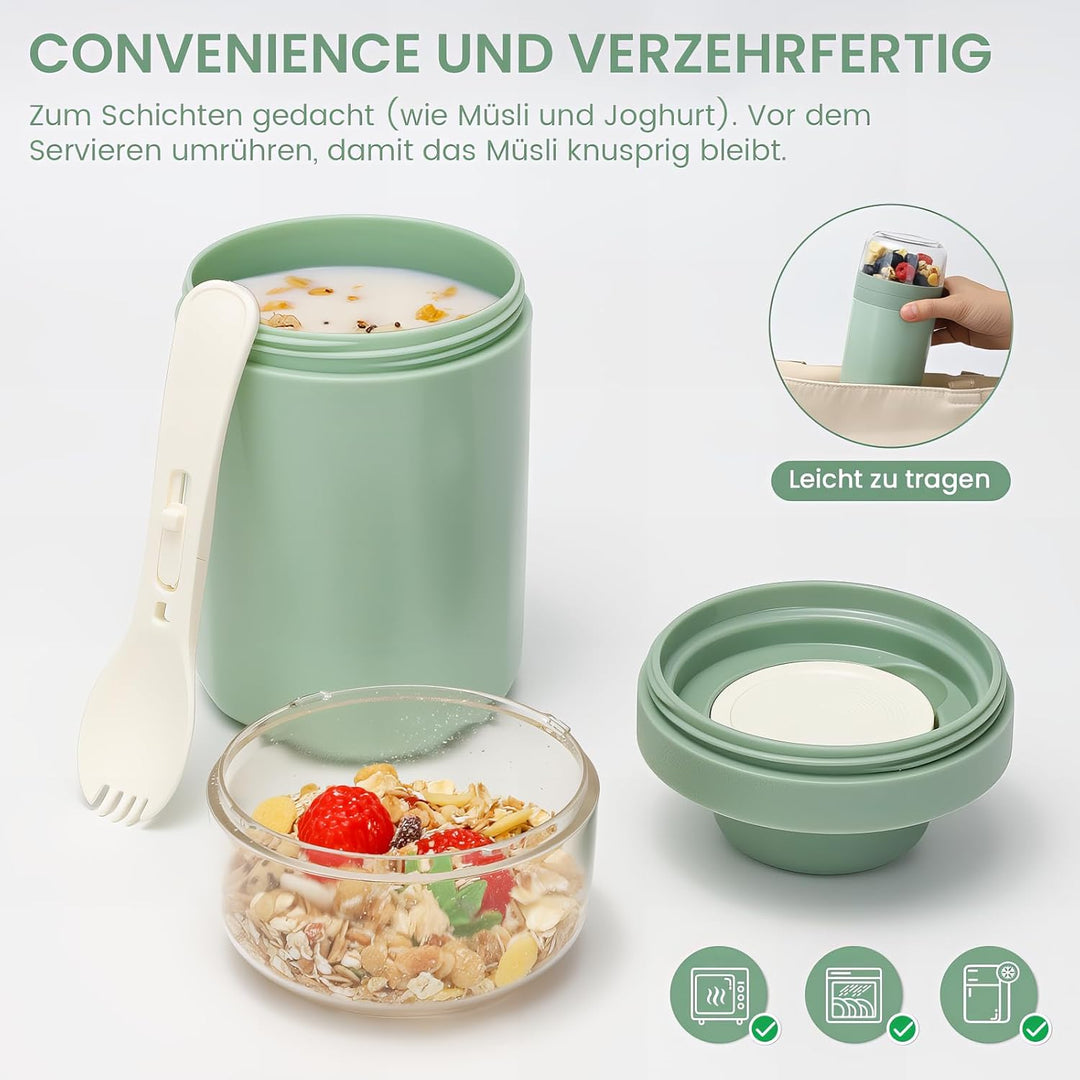 Bugucat Müslibecher to Go 520ML+250ML 2er,Praktischer Joghurtbecher mit Löffel, Auslaufsicher Müsli