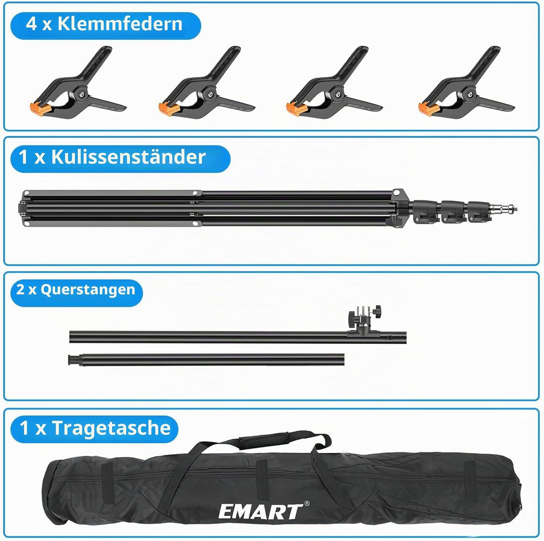 EMART T Form Hintergrund Ständer Hintergrundsystem, 1,5mx2,6m Fotohintergrund Ständer mit 4 Federcli