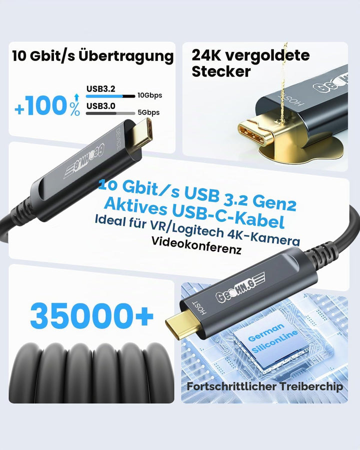 Glasfaser USB C auf USB C Kabel 10M, 10Gbps USB 3.2 High-Speed Datenübertragung Aktives Optisches US