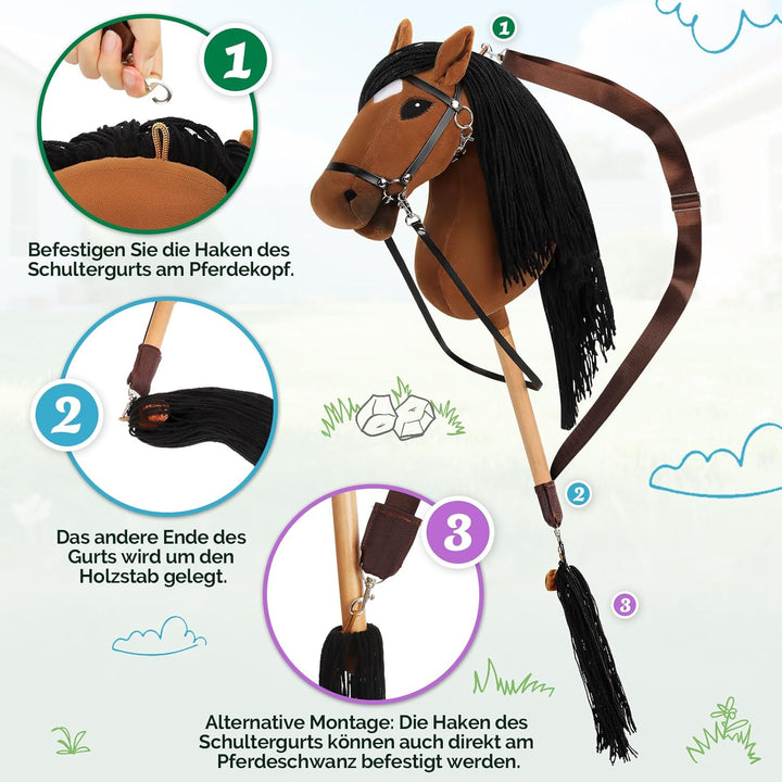 Hobby Horse, A3 Kopfgrösse Steckenpferd Kinder, Hobby Horsing mit Weichem Plüschhalfter, Fliessendem