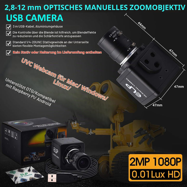 ELP 1080P Weitwinkel Web Kamera mit 2.8-12mm Zoom Objektiv,IMX323 Sensor Webcam Plug &amp; Play für PC,D