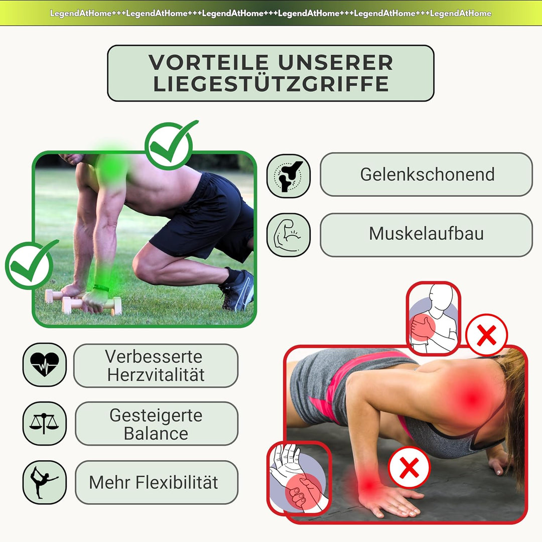 Liegestützgriffe [2er-Set] aus Buchenholz – stabile & gelenkschonende Parallettes für Push Ups, Cali