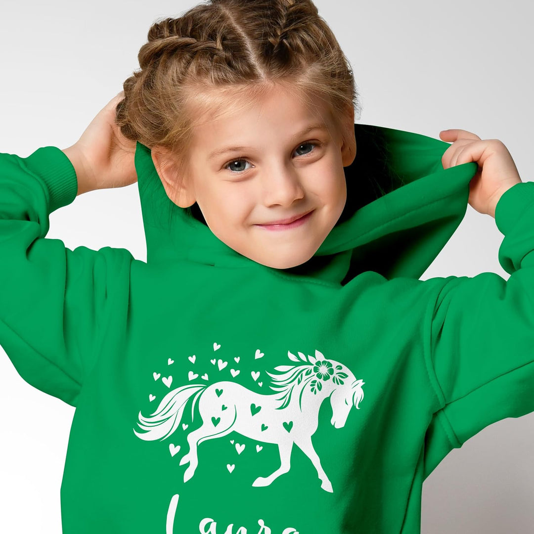 Kinder Hoodie Mädchen Pferde Herzen Motiv Mädchengeschenke mit Pferde Herzchen Print Pferd Blumen 5