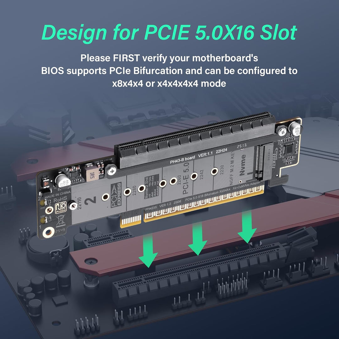 SinLoon PCIe 5.0 X16 Erweiterungskarte, PCIe Bifurcation Riser Card, Teilt X16 Slot in X8+X4+X4, Unt