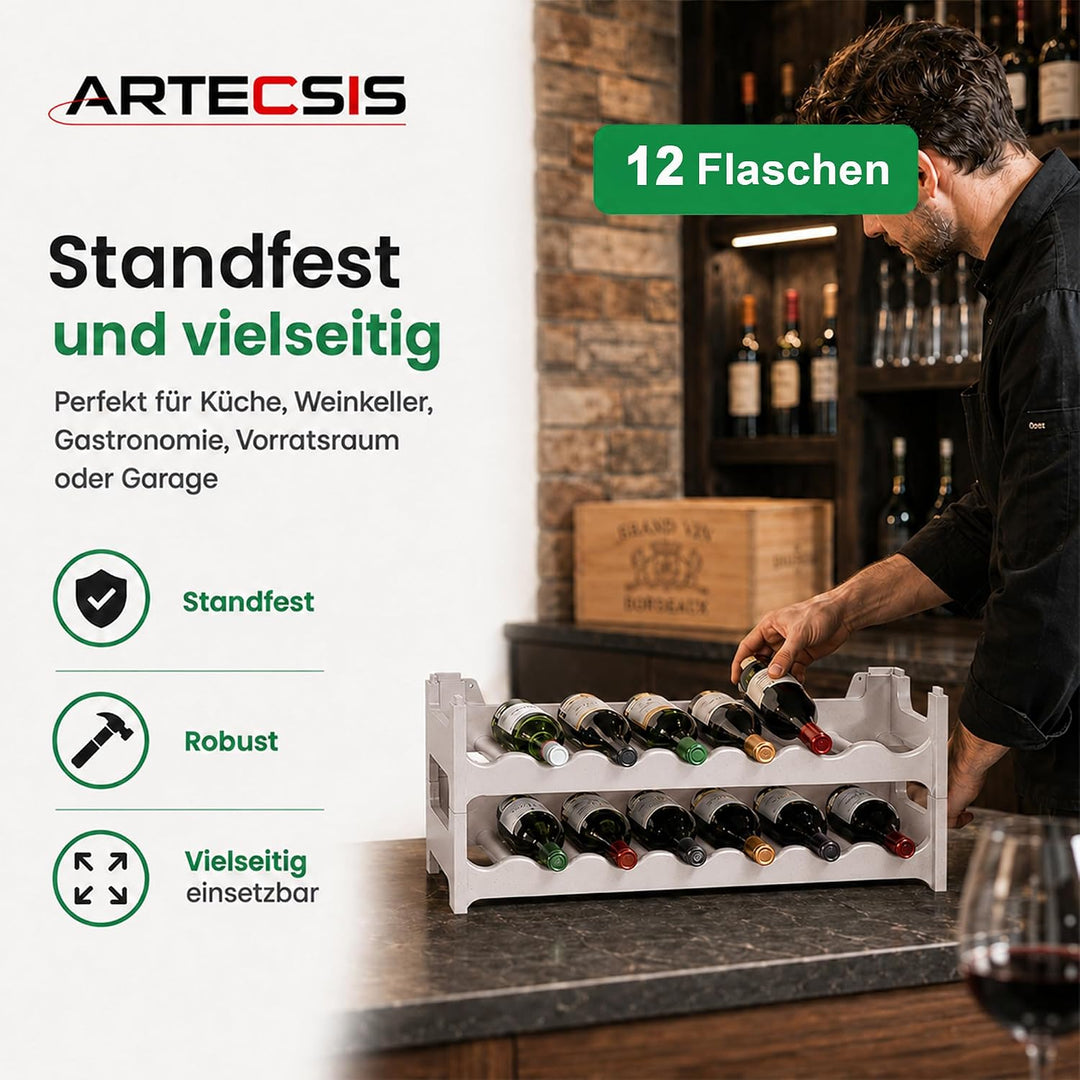 ARTECSIS Weinregal stapelbar Kunststoff für 12 Flaschen, stabiles Flaschenregal in Gastronomie-Quali