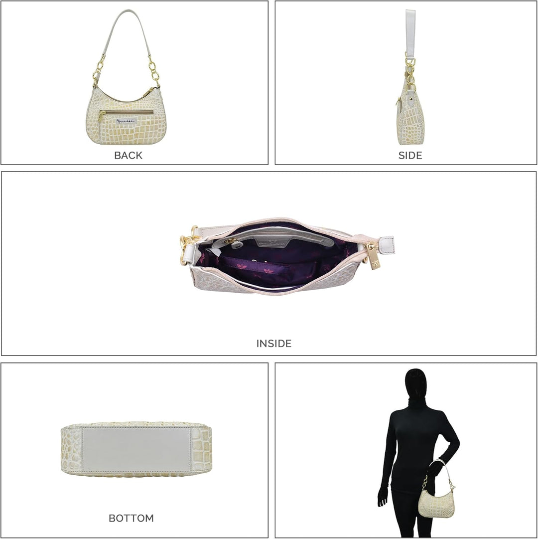 Anuschka Women's Hobobag aus Echtleder, handbemalt, kleine Grösse Croco Embossed Cream Gold, Croco E