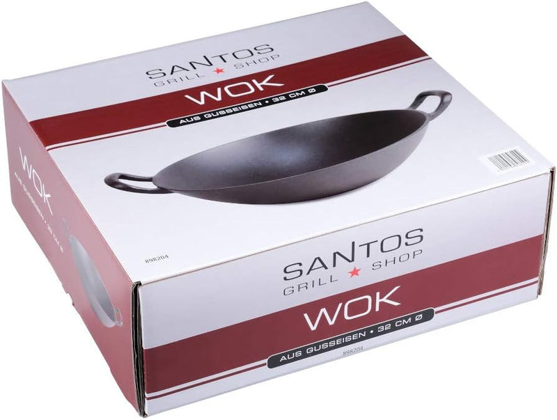 SANTOS Gusseisen Wokpfanne rund - Guss-Wok - Ø 32cm - 3,52 kg - Feuertopf - Grilltopf - ideal für La