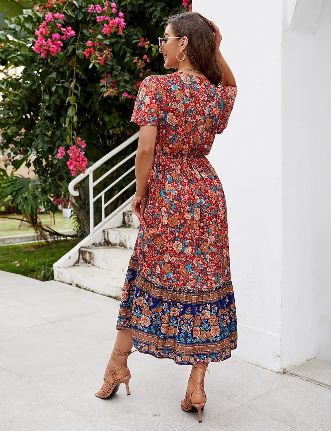 Clearlove Damen Sommerkleid Boho Kurzarm Midi Kleider V-Ausschnitt Strandkleid lang Blumenkleid Rüsc