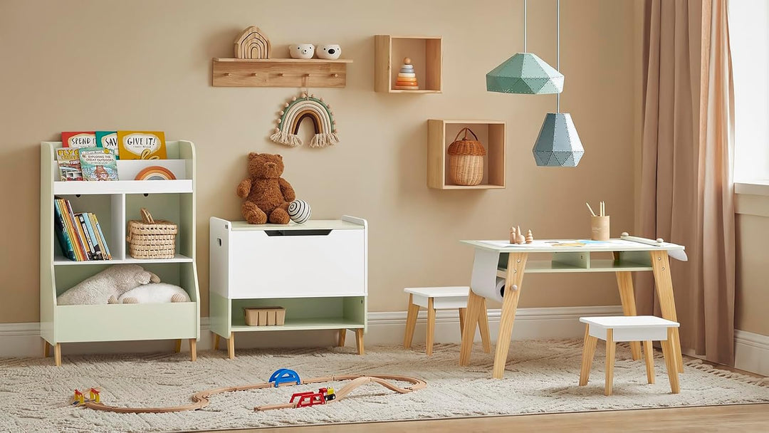 SoBuy KMB92-GR Kindertisch Mit 2 Stühlen, Sitzgruppe Mit Stauraum, Multifunktionaler Aktivitätstisch