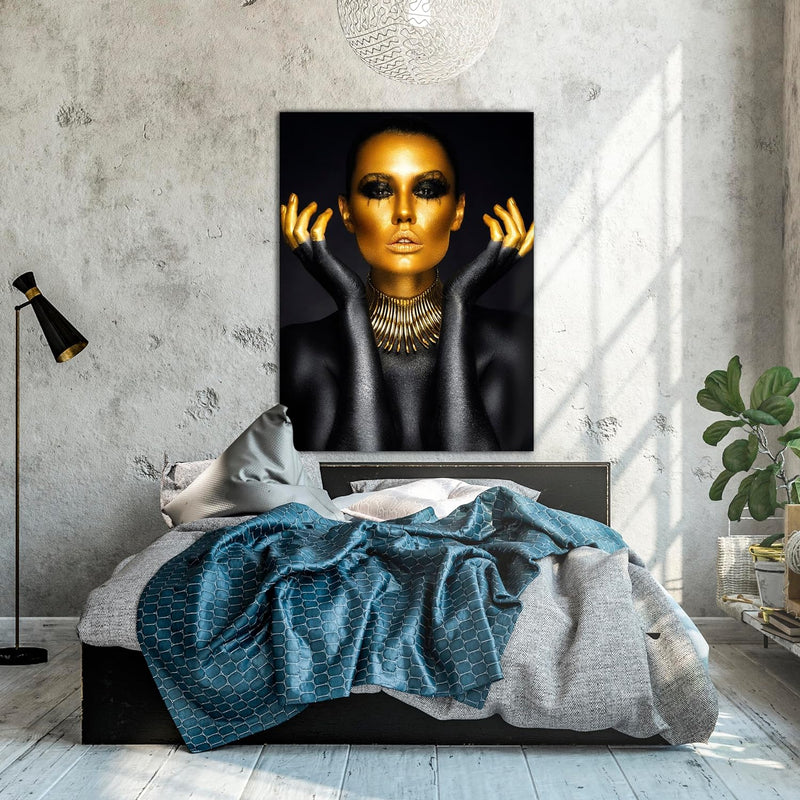 wandmotiv24 Leinwand-Bild Gold Collection, Grösse 60x45cm, Hochformat, Frau in Gold & Schwarz, Top-M