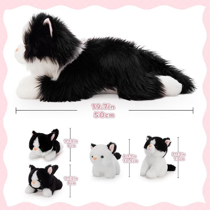 MorisMos 5 stücke Schwarz Katze Kuscheltier XXL Set, 50cm lang riesen Katze Kuscheltier mit Babys im