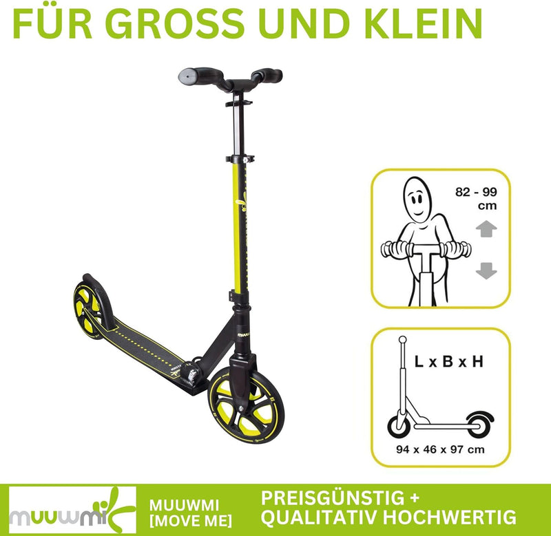 muuwmi Aluminium Scooter Pro – Tretroller, 215 mm, ABEC 7, für Kinder und Erwachsene, GS-geprüft, hö