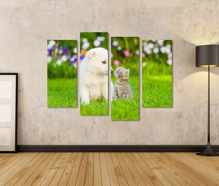 islandburner Bild auf Leinwand Kätzchen Küssen Weisse Schweizer Schäfer Welpen Auf Grünem Gras Wandb