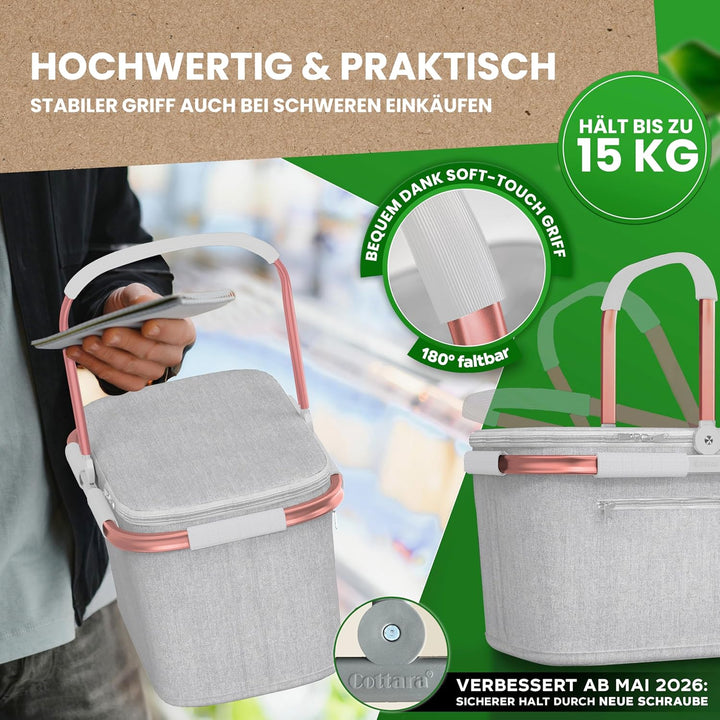 Cottara® Thermo Einkaufskorb Kühltasche gross | isolierter Einkaufskorb mit Deckel, verstärktem Bode