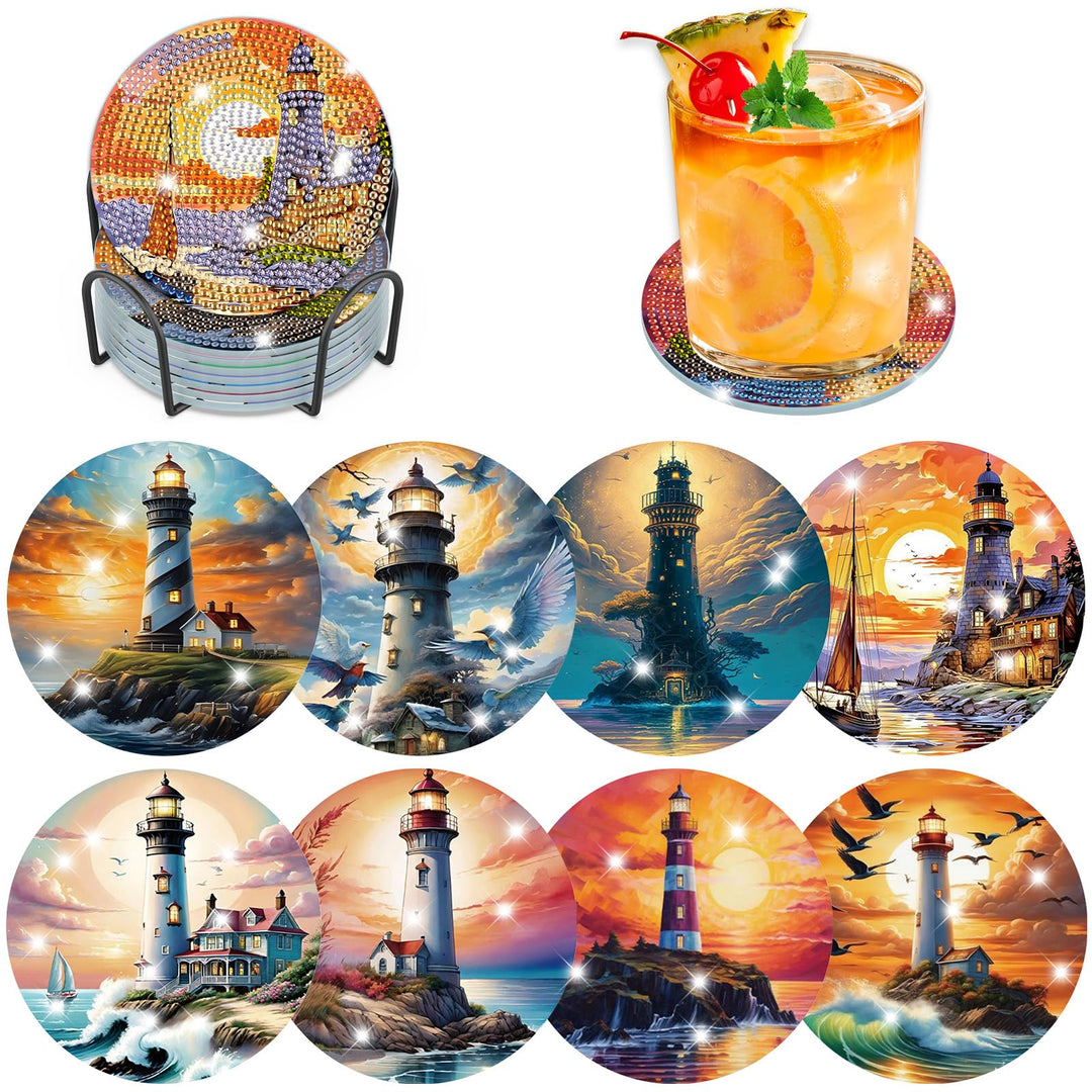 8 Stück Untersetzer für Diamond Painting Leuchtturm, unter Glas, Diamond Painting Landschaft, Diaman