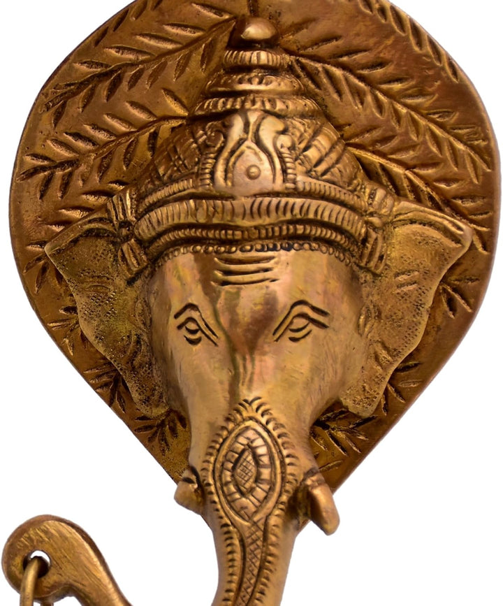 Purpledip Brass Wall Hanging Antique Finish Ganesha Bell (Set Of 2): Symmetrical Heads For Peace, Ha