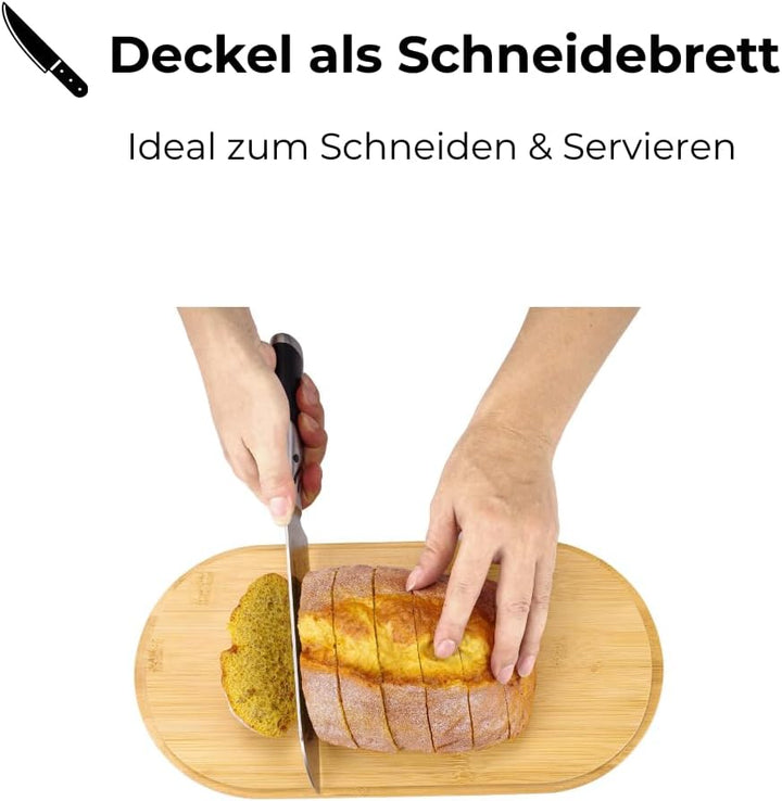 Brotkasten aus Metall mit multifunktionalem Bambusdeckel & Luftlöchern - Brotbox Schwarz für lange F