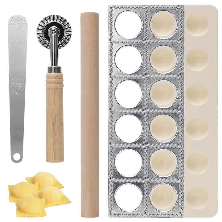4 Stück Ravioli-Maker aus Aluminium mit 12 Löchern, Knödelformer mit Nudelholz Teigtaschenrad Former