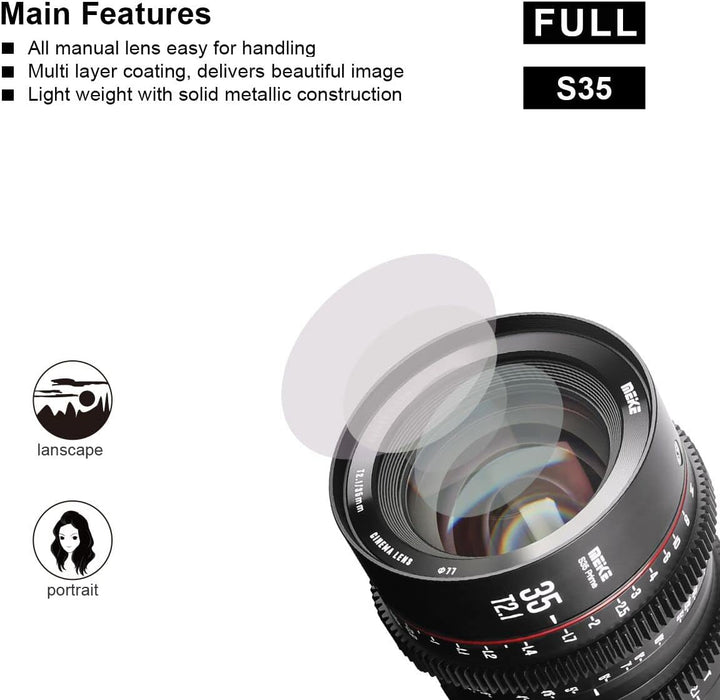 MEKE 35mm T2.1 Super 35 Prime Manueller Fokus Kino-Objektiv für EF-Mount Cine Kamera, kompatibel mit