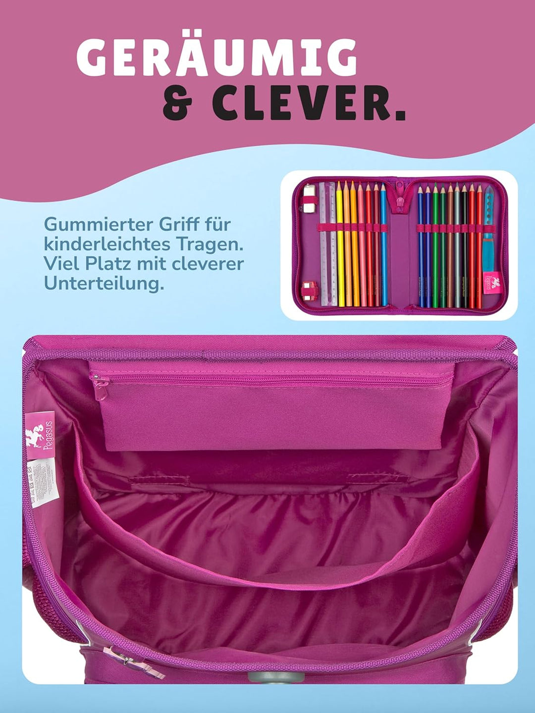 Familando - Scooli Campus Fit Schulranzen Set - 10-teilig mit Schultüte - Pegasus Violett - Ergonomi