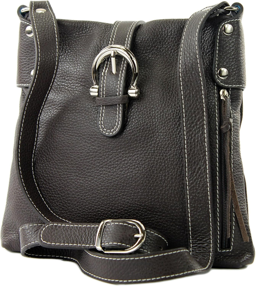 modamoda de -T04 - ital Umhängetasche Schultertasche aus Leder Dark Chocolate, Dark Chocolate