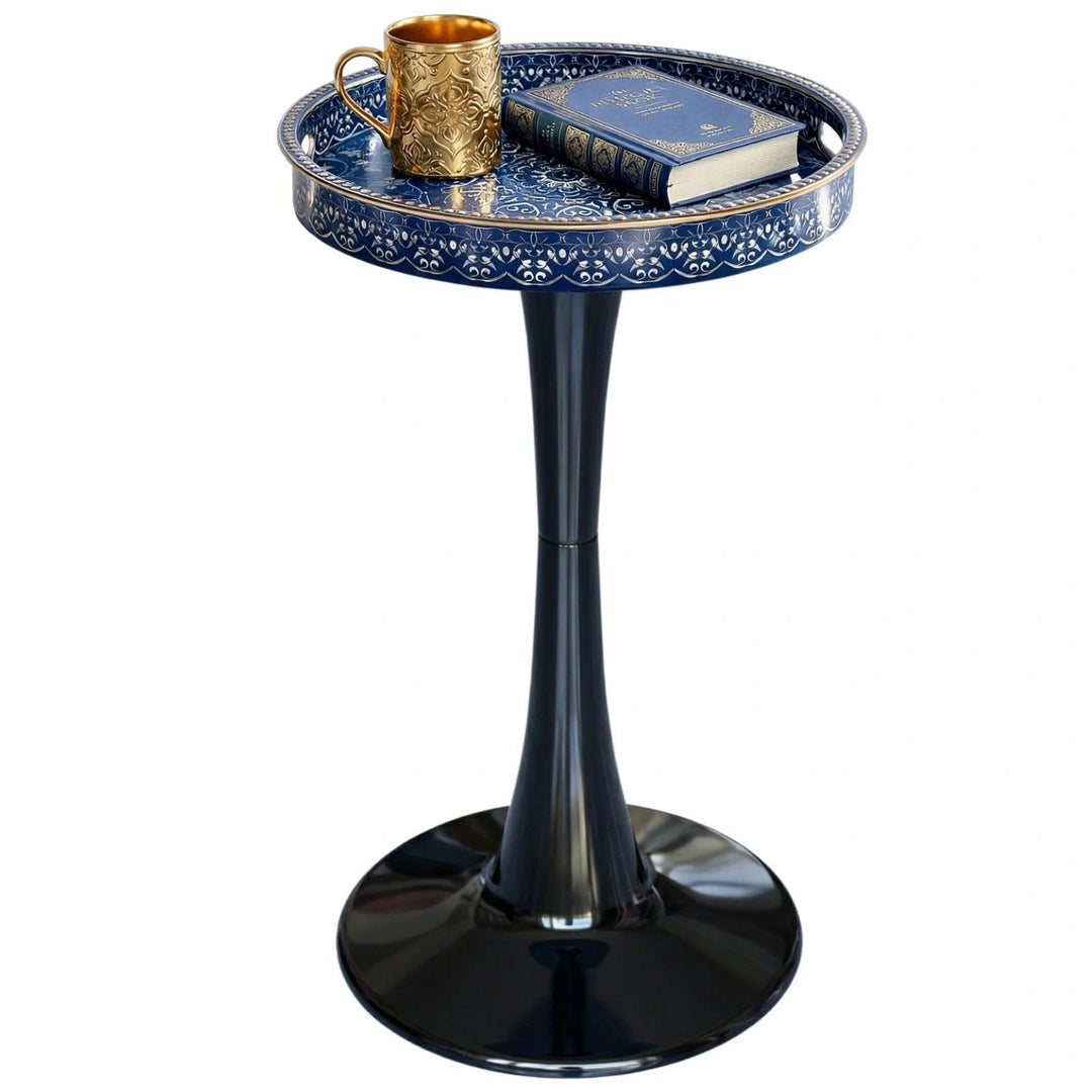 Eleganter runder Beistelltisch – 33 cm künstlerisch gemusterter Getränketisch mit glänzender Tablett