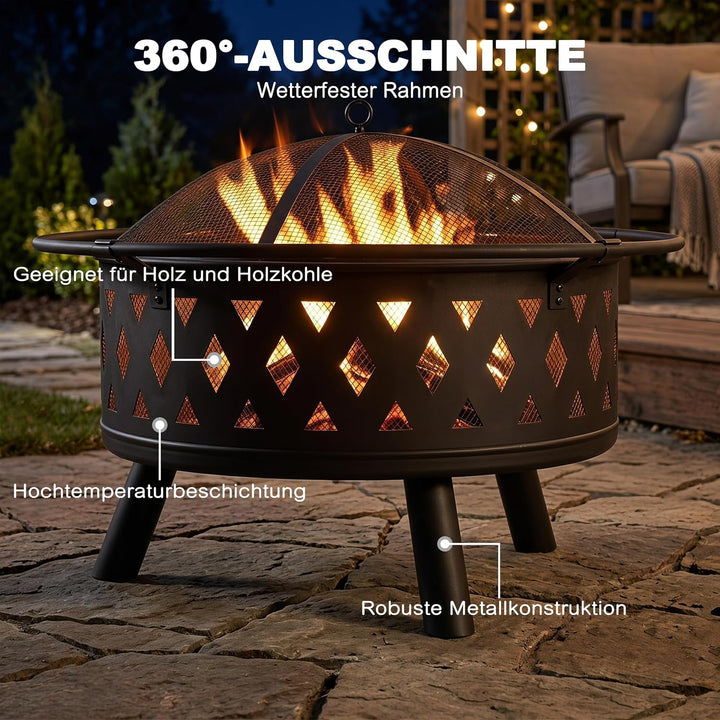 Avestar runde Feuerschale aus Metall mit Abdeckung für Garten, schwarz
