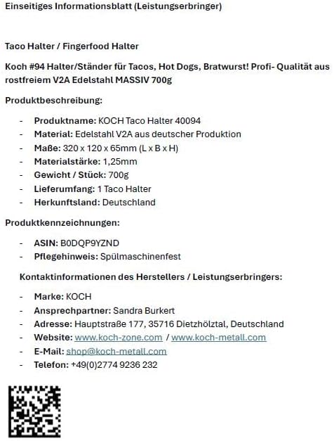 Koch #94 Halter/Ständer für Tacos, Hot Dogs, Bratwurst! Profi- Qualität aus rostfreiem V2A Edelstahl