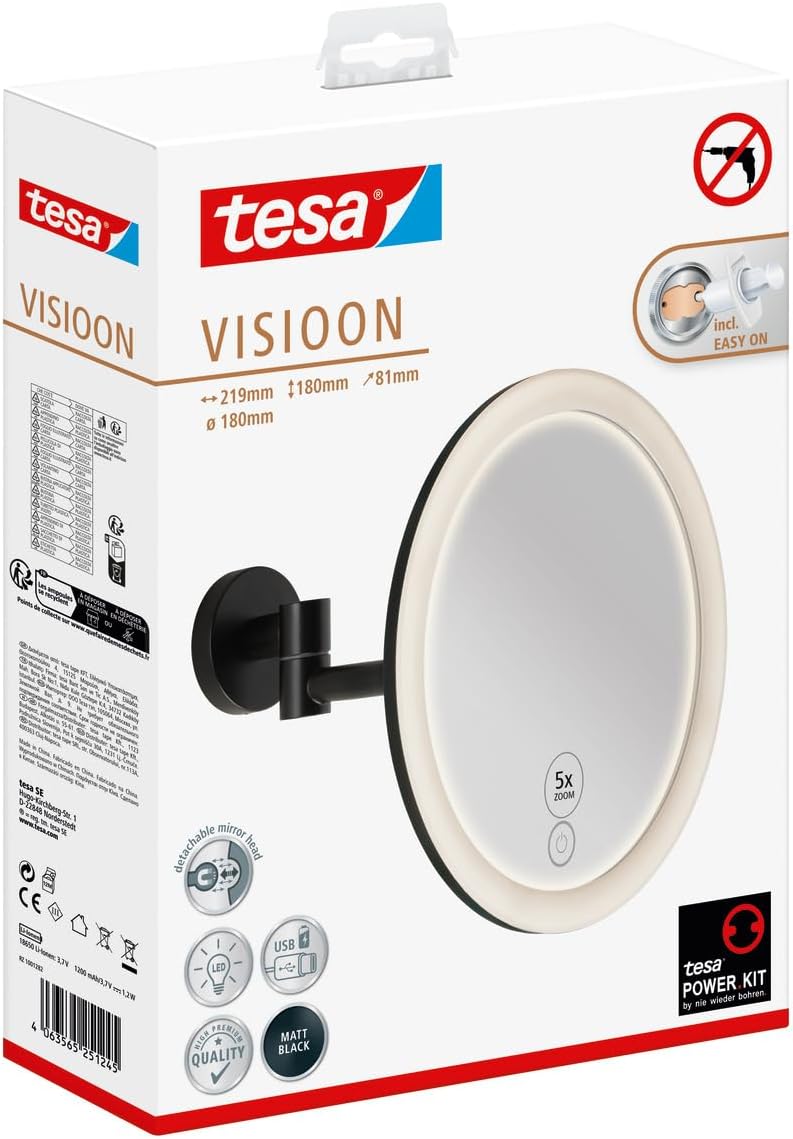 tesa VISIOON LED-Kosmetikspiegel - kabelloser Schminkspiegel mit dimmbarer Beleuchtung - Touch Contr