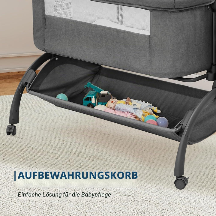 GarveeTech Beistellbett Baby höhenverstellbar mit Matratze, Mesh-Seiten, Wiegefunktion, Rollen mit B