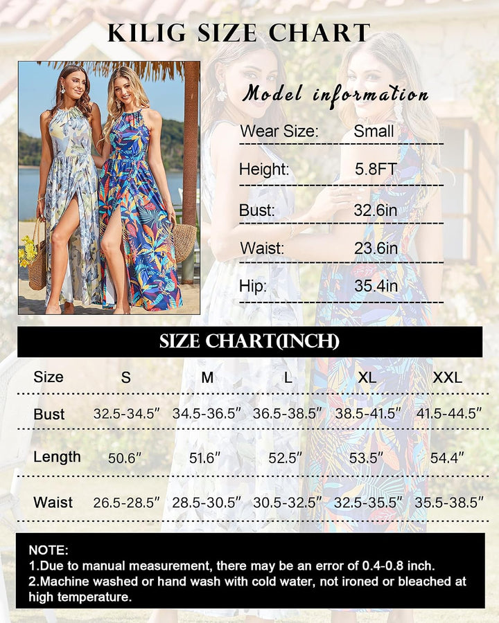 KILIG Damen Sommerkleid Lang Elegant Sommer Neckholder Kleid Hochzeitsgast Maxikleid Partykleid Schl