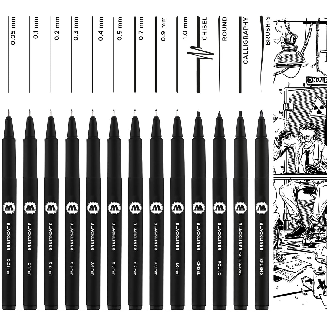 Molotow Blackliner Complete 13er Set (Strichstärke 0,05 mm bis 1,0 mm & spezielle Spitzen, Fineliner