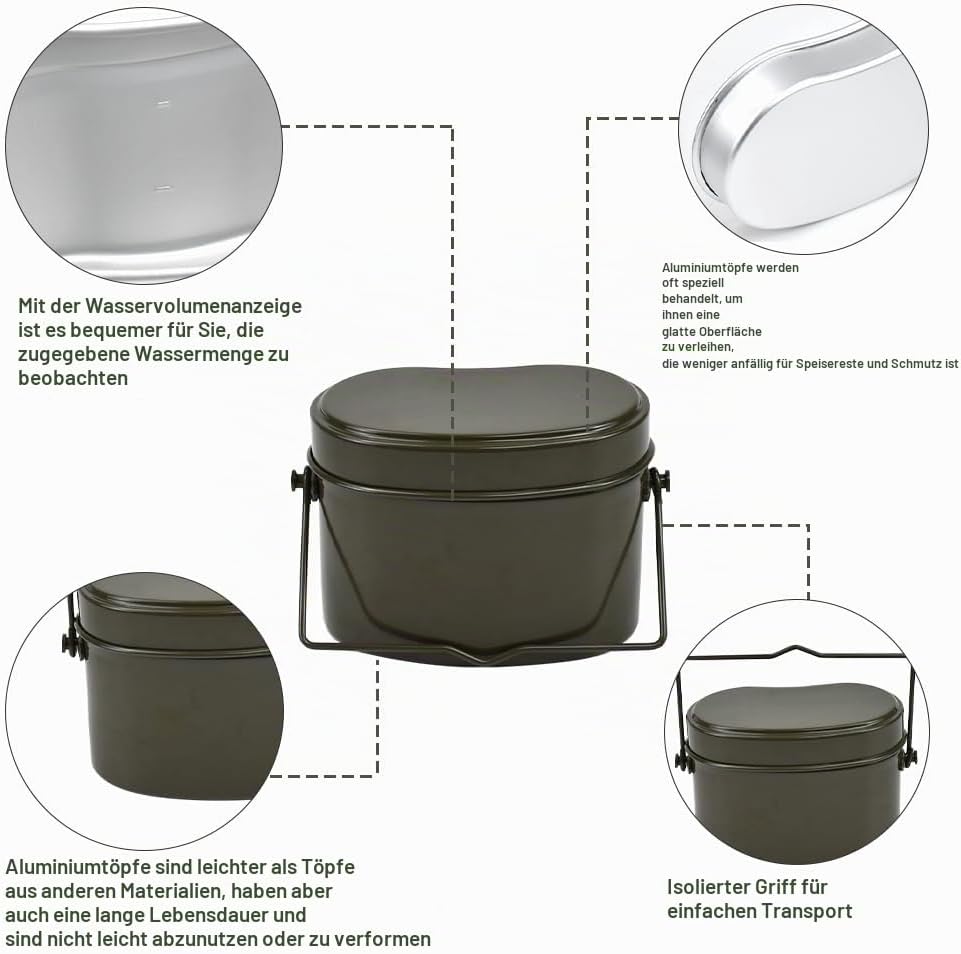Kleemeiero Stil Bundeswehr Essgeschirrset Outdoor Geschirr-Set Aluminium Kochgeschirr Bund Essbestec