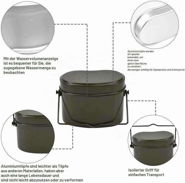 Kleemeiero Stil Bundeswehr Essgeschirrset Outdoor Geschirr-Set Aluminium Kochgeschirr Bund Essbestec