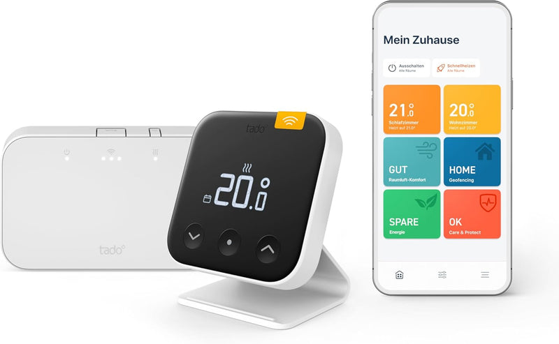 tado° Kabelloses Smartes Thermostat X – Starter Kit mit Raumthermostat, Bridge X und Standfuss, Steu