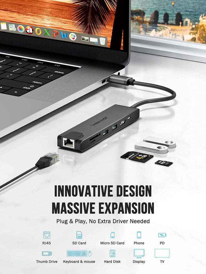 Lemorele USB C Hub, 7 in 1 USB C Aluminiumgehäuse Multiport Adapter mit RJ45, 100W PD, 4K HDMI, 2 US
