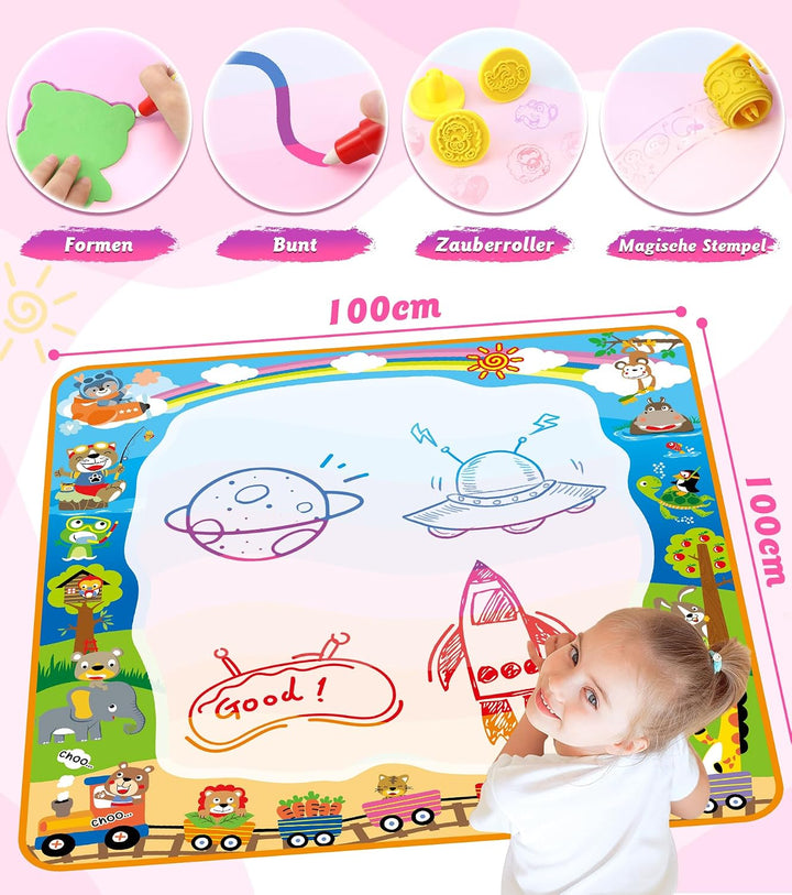 lenbest Aqua Magic Doodle Matte - 100×100cm Wasser Doodle Matte XXL - Malmatte mit 4 Wasserstift - G