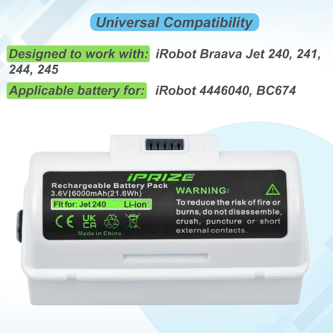 iPrize 3.6V 6000mAh Li-Ion Ersatzakku für iRobot Braava Jet 240, Jet 241, Jet 244, Jet 245, Ersetzt