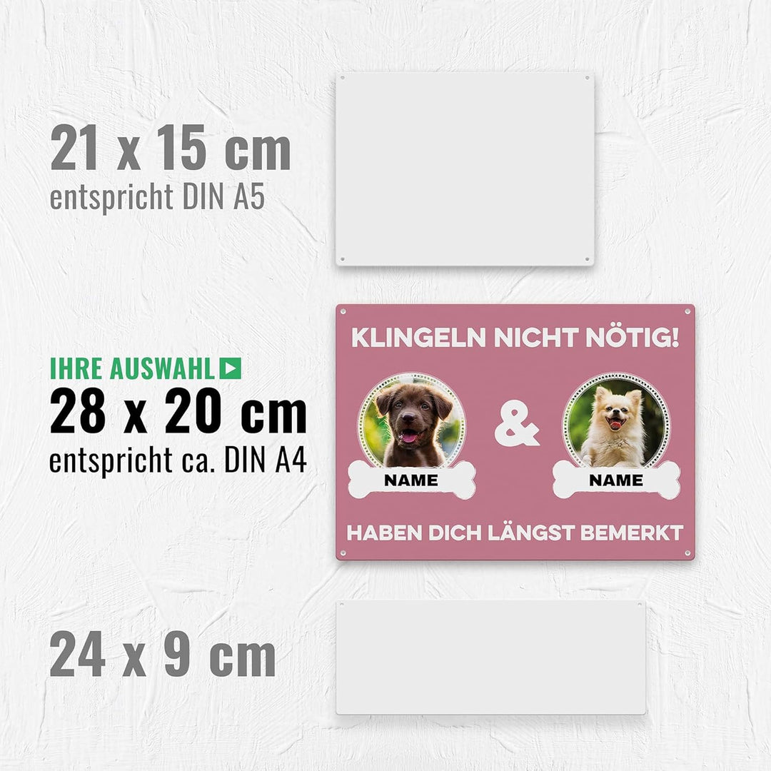 Hunde Schild personalisiert - Klingeln nicht nötig - Metallschild mit Foto und Name für aussen, wett