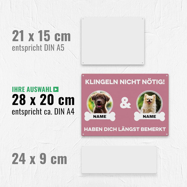 Hunde Schild personalisiert - Klingeln nicht nötig - Metallschild mit Foto und Name für aussen, wett