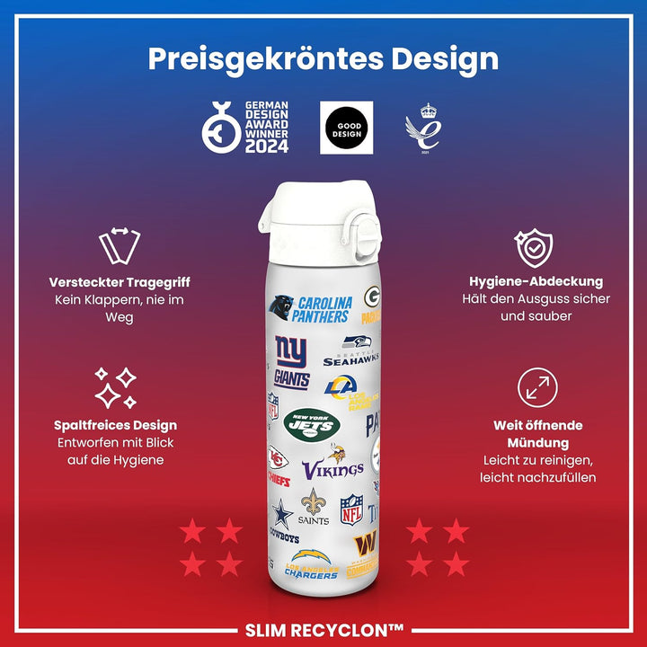 ion8 NFL Edelstahl-Trinkflasche, Auslaufsicher, Einhandöffnung, Sichere Verriegelung, Spülmaschinenf