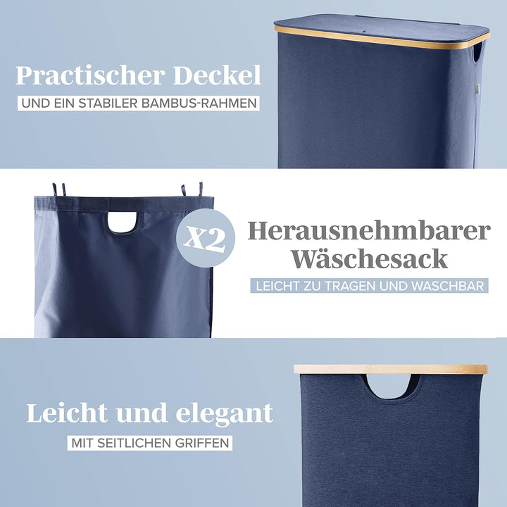 Lonbet - Doppelter Wäschekorb mit Deckel und zwei herausnehmbaren Wäschesäcken Blau – Extra grosser