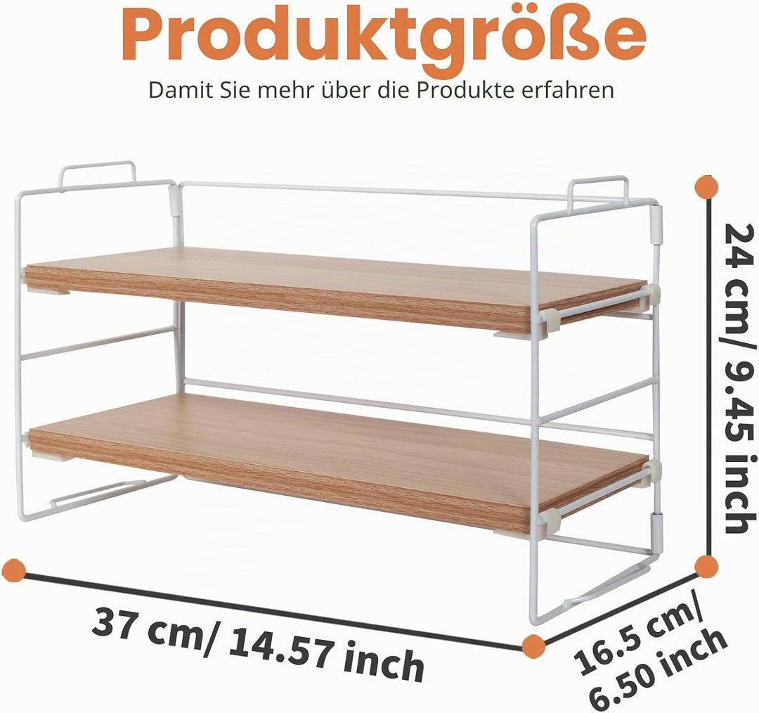 powerking Schreibtischregal, 2 Etagen weiss mit lackiertem Metallrahmen und original Teakholzbrett S